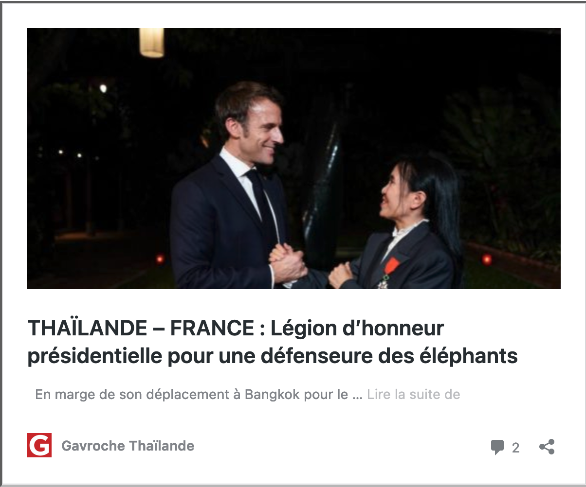 THAÏLANDE – FRANCE : Légion d’honneur présidentielle pour une défenseure des éléphants
