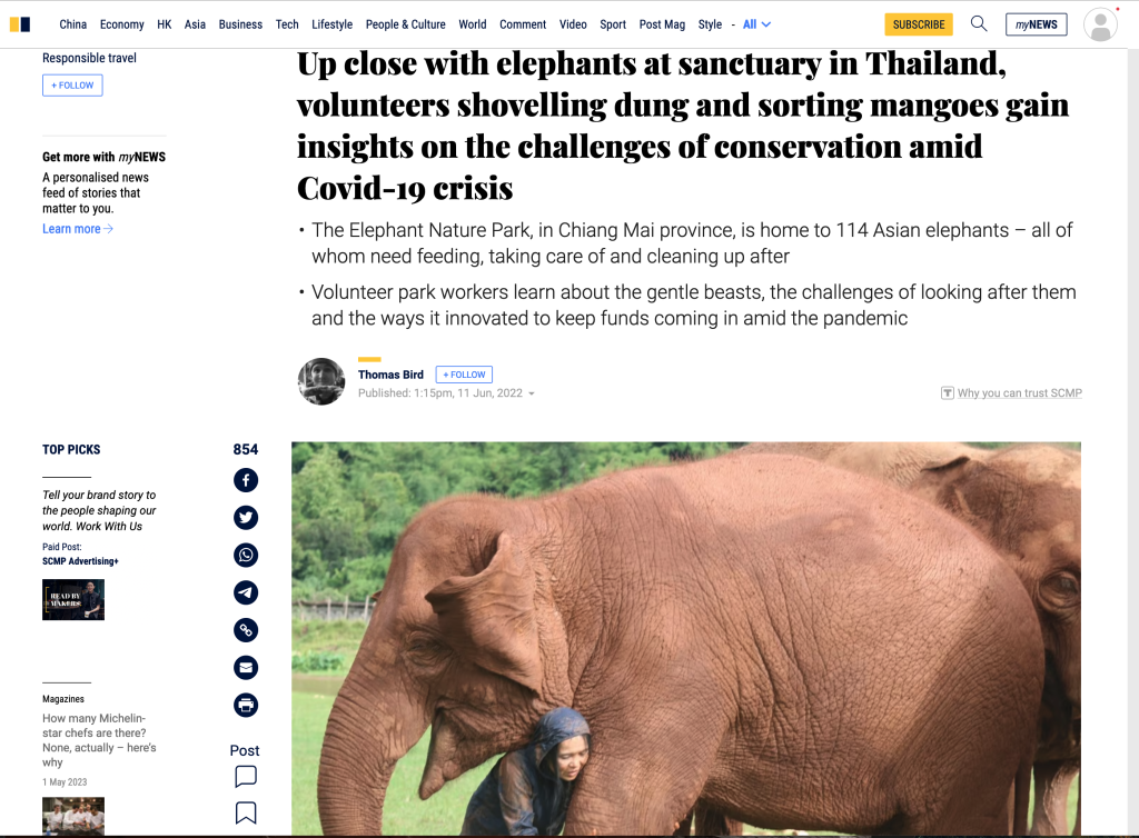 South China Morning Post - Up close with elephants at sanctuary in Thailand, volunteers shovelling dung and sorting mangoes gain insights on the challenges of conservation amid Covid-19 crisis 