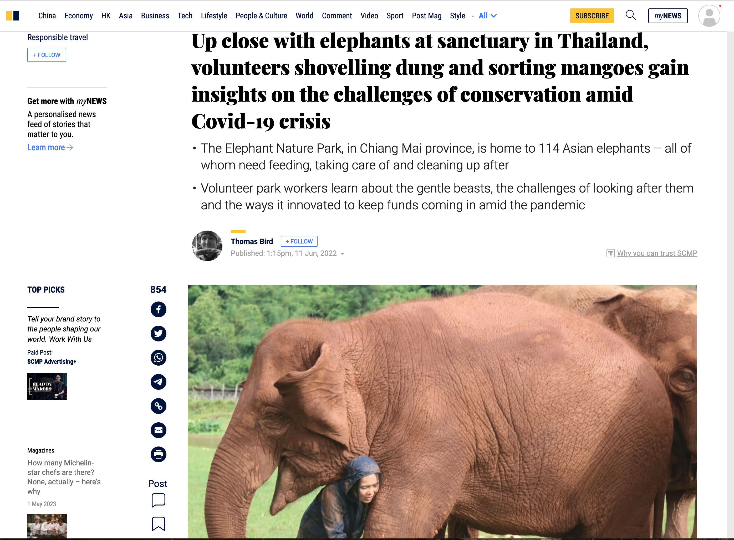 South China Morning Post - Up close with elephants at sanctuary in Thailand, volunteers shovelling dung and sorting mangoes gain insights on the challenges of conservation amid Covid-19 crisis