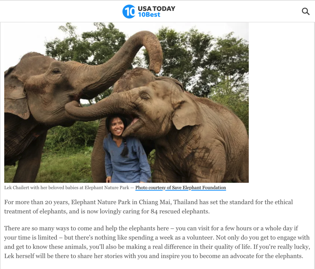 USA Today - 10 places you need to go to ethically interact with elephants