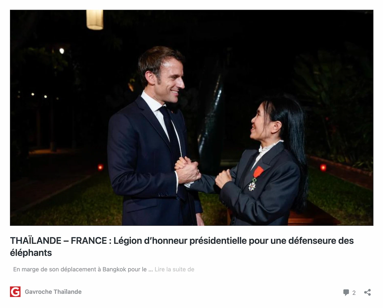 Gavroche Thailande Légion d’honneur présidentielle pour une défenseure des éléphants